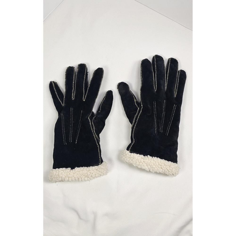 Isotoner Black Suede Leather Sherpa Lined Winter Gloves Women's Size M Warm
